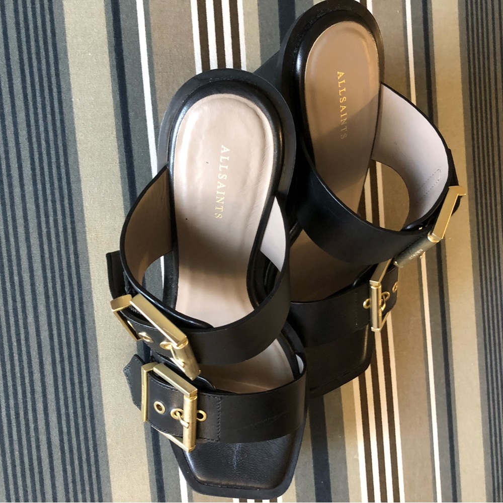 All Saints Black Leather Sandals with Gold Buckles - Picture 2 of 3
